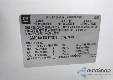 2008 Chevrolet Silverado 1500 Work Truck z USA, uszkodzony, nr VIN 1GCEC14X78Z175850